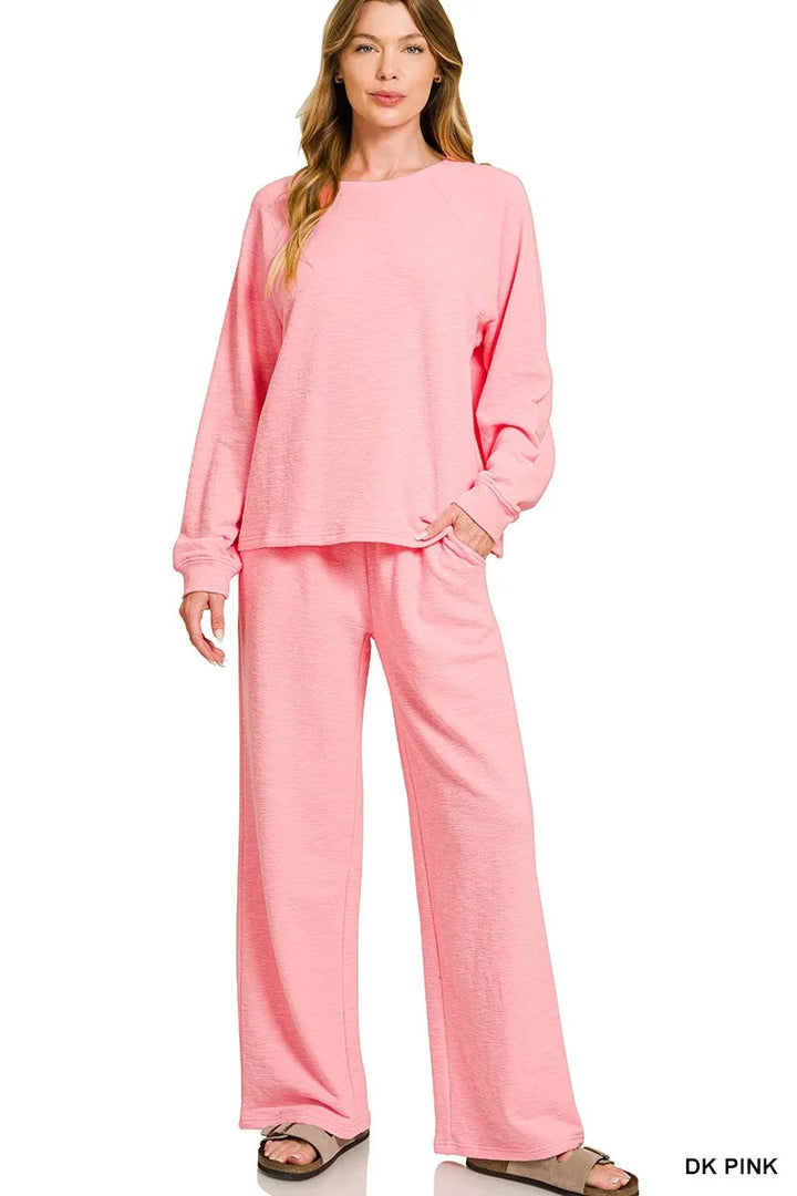 Dk Pink Zenana Slub Long Sleeve Top And Pants Lounge Set