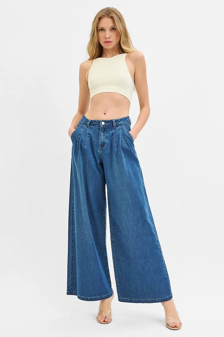 Medium Risen Mid Rise Fit Wide Leg Knit Denim Look Jeans