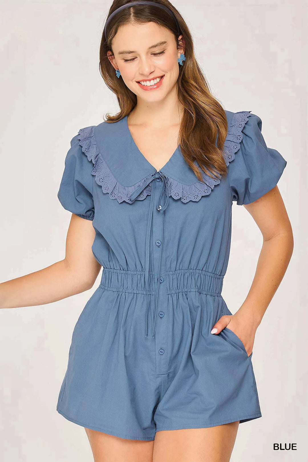 Blue Umgee Collared Short Sleeve Button Down Romper