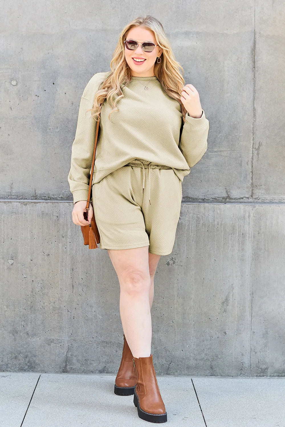 Double Take Full Size Texture Long Sleeve Top And Drawstring Shorts Set