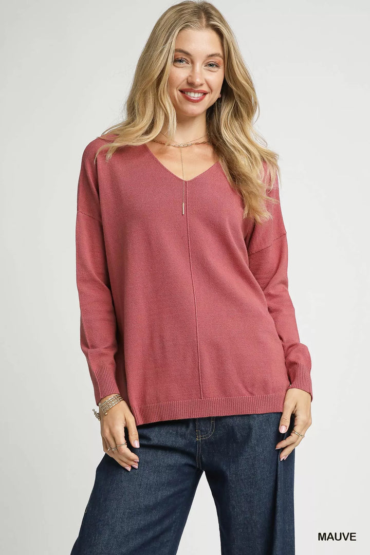 Mauve Umgee V Neck High Low Hem Knit Top With Side Slit 1