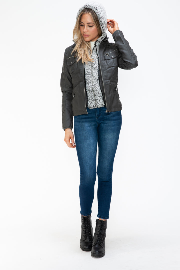 Ymi Removable Faux Layered Multi Pocket Jacket With Fuzzy Hood 1