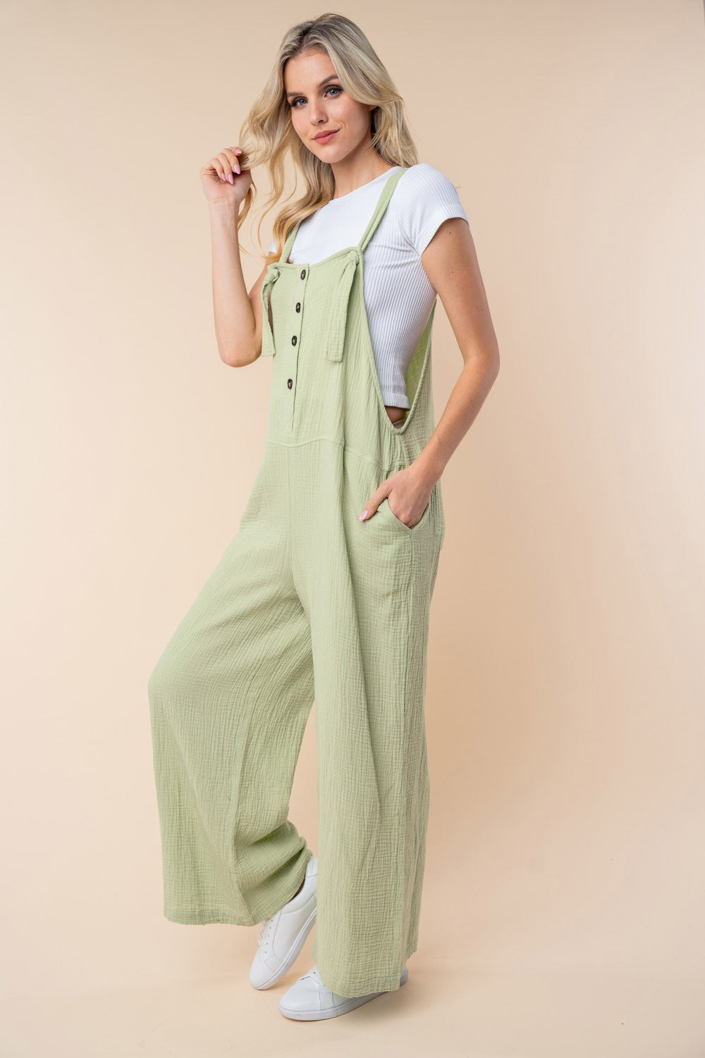 Sage White Birch Texture Sleeveless Wide Leg Jumpsuit