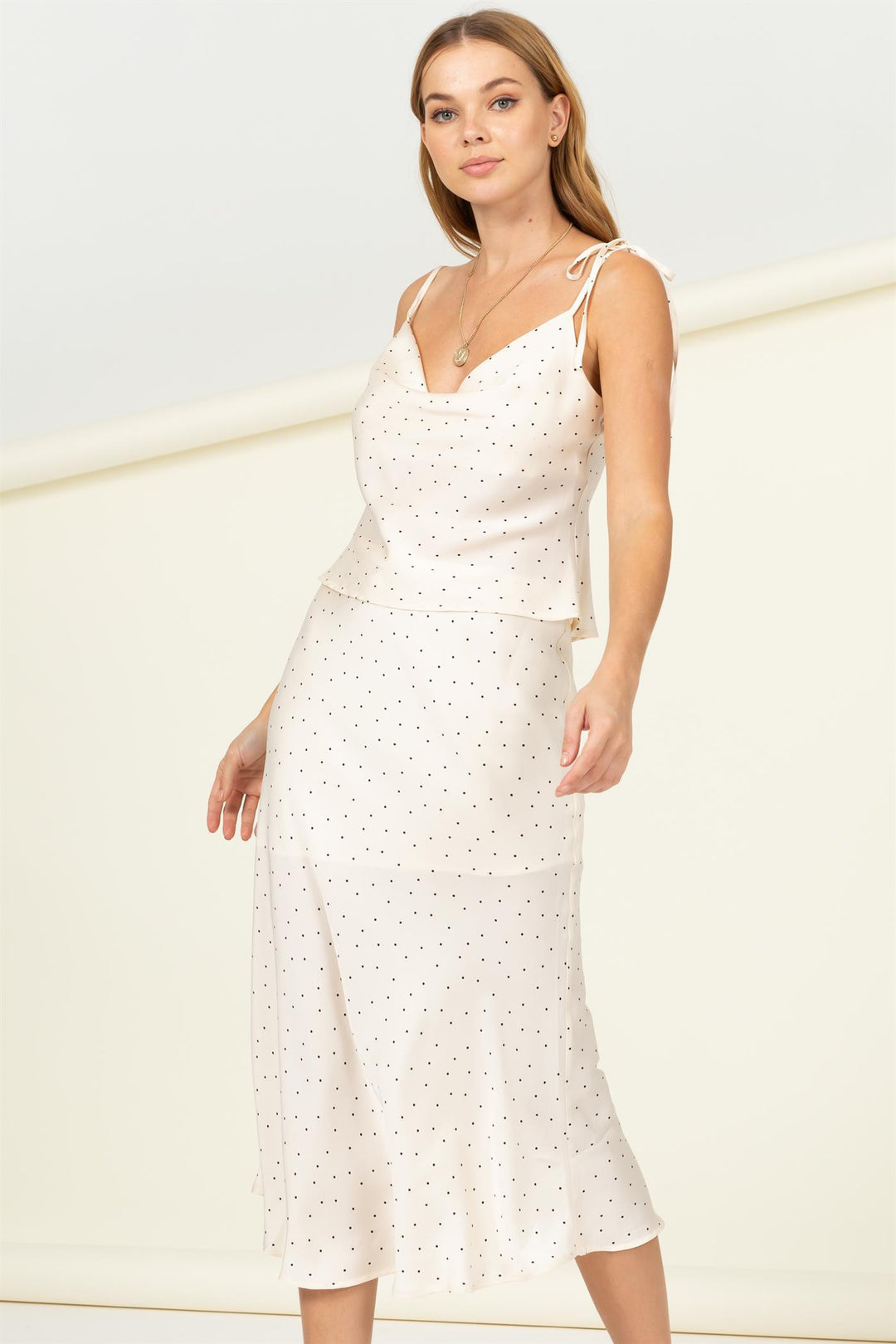 By Your Side Polka Dot Top And Midi Skirt Set