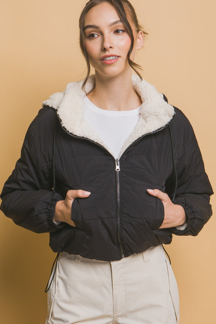 Black Love Tree Zip Up Cropped Hooded Sherpa Reversible Jacket