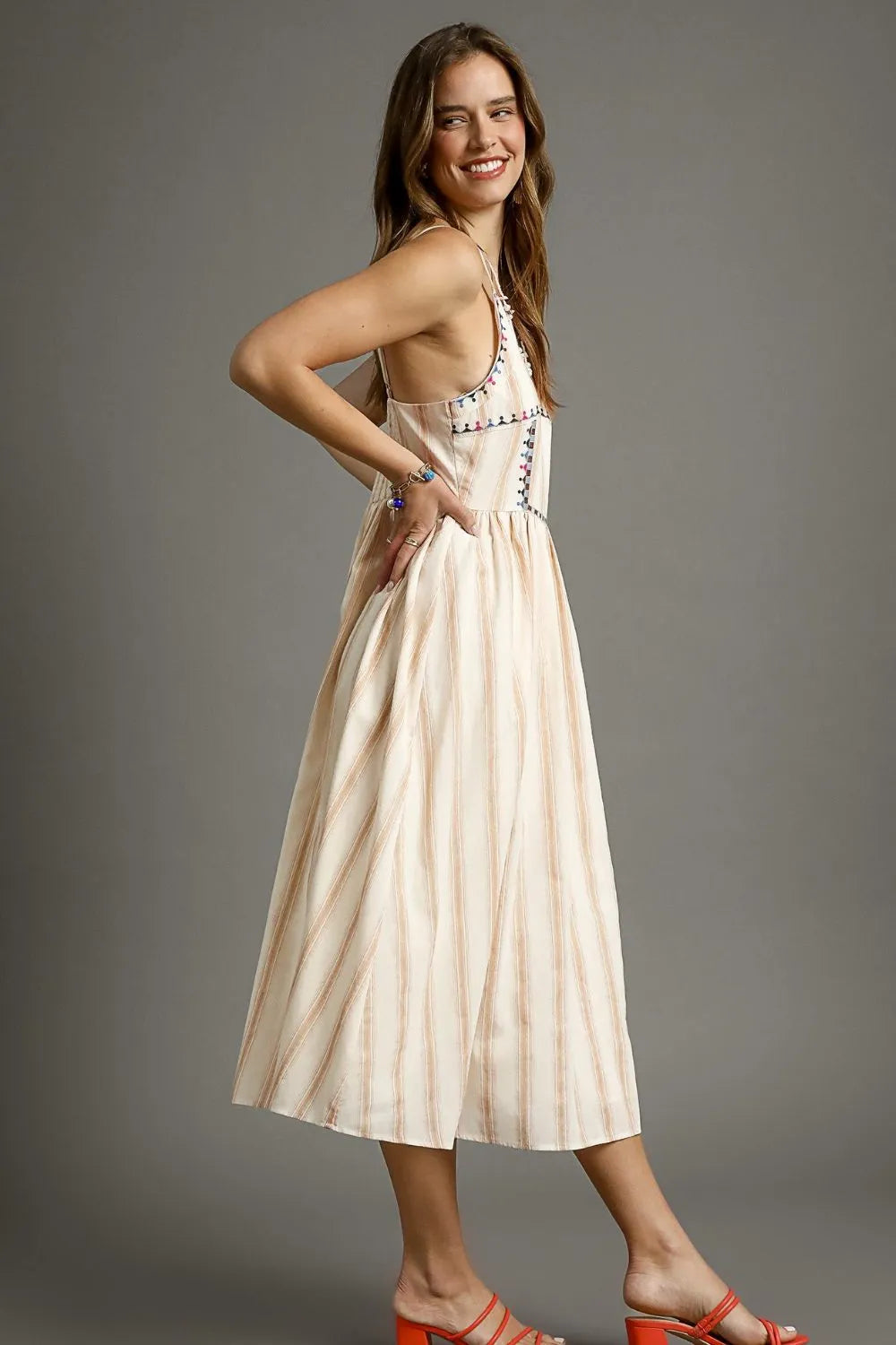 Tan Umgee Striped Colorful Embroidered Trim Cami Dress