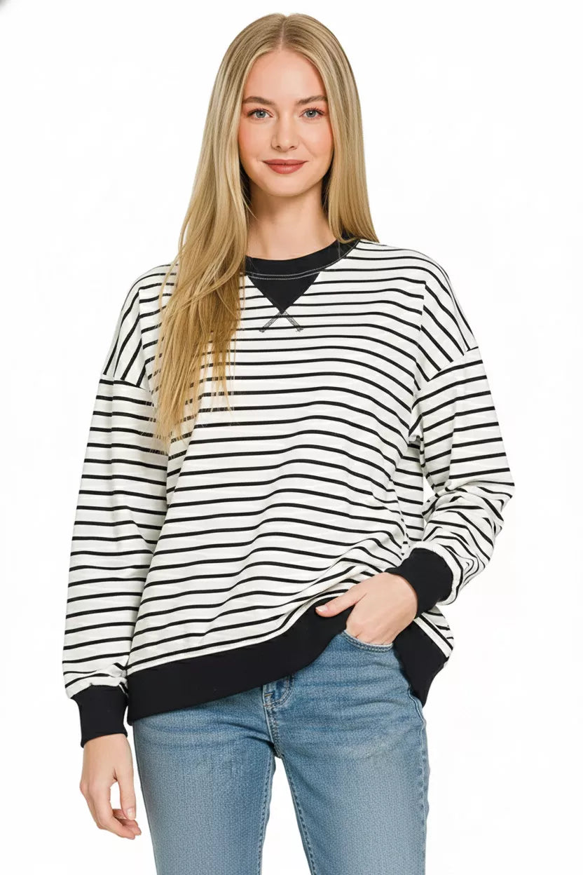 White/Black Zenana Contrast Striped Round Neck Sweatshirt