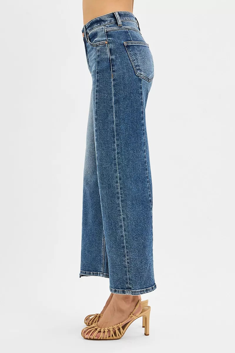 Dark Risen High Rise Crop Wide Leg Jeans With Step Hem