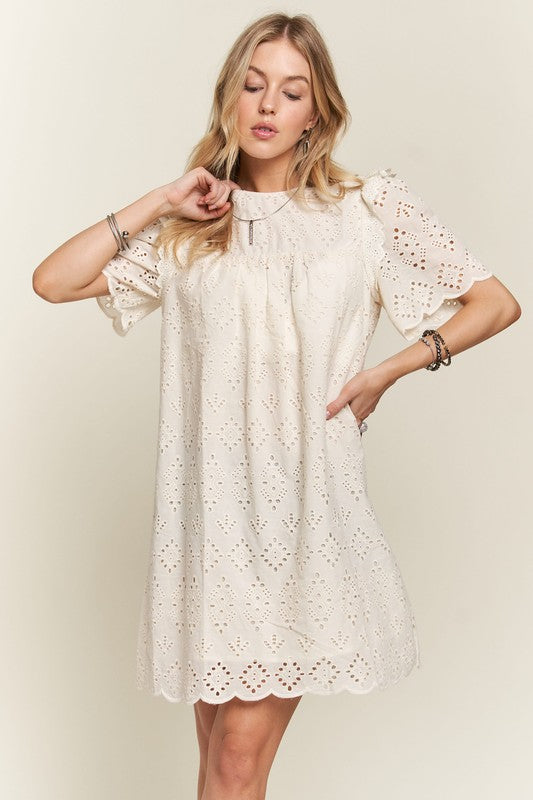 NATURAL Adora Ruffled Eyelet Round Neck Dress