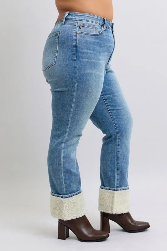 Md Judy Blue Full Size High Waist Shearling Cuff Straight Plus Size
