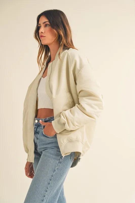 Ecru Mable Back Ruched Utiltiy Bomber Jacket