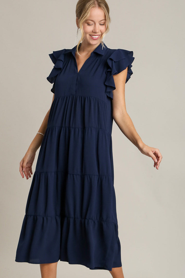 Dark Navy Umgee Full Size Johnny Collar Ruffle Cap Sleeve Tiered Dress Plus Size 2