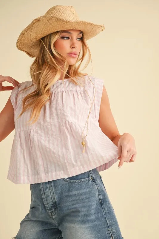 Aemi Co Ruched Striped Round Neck Sleeveless Top 2