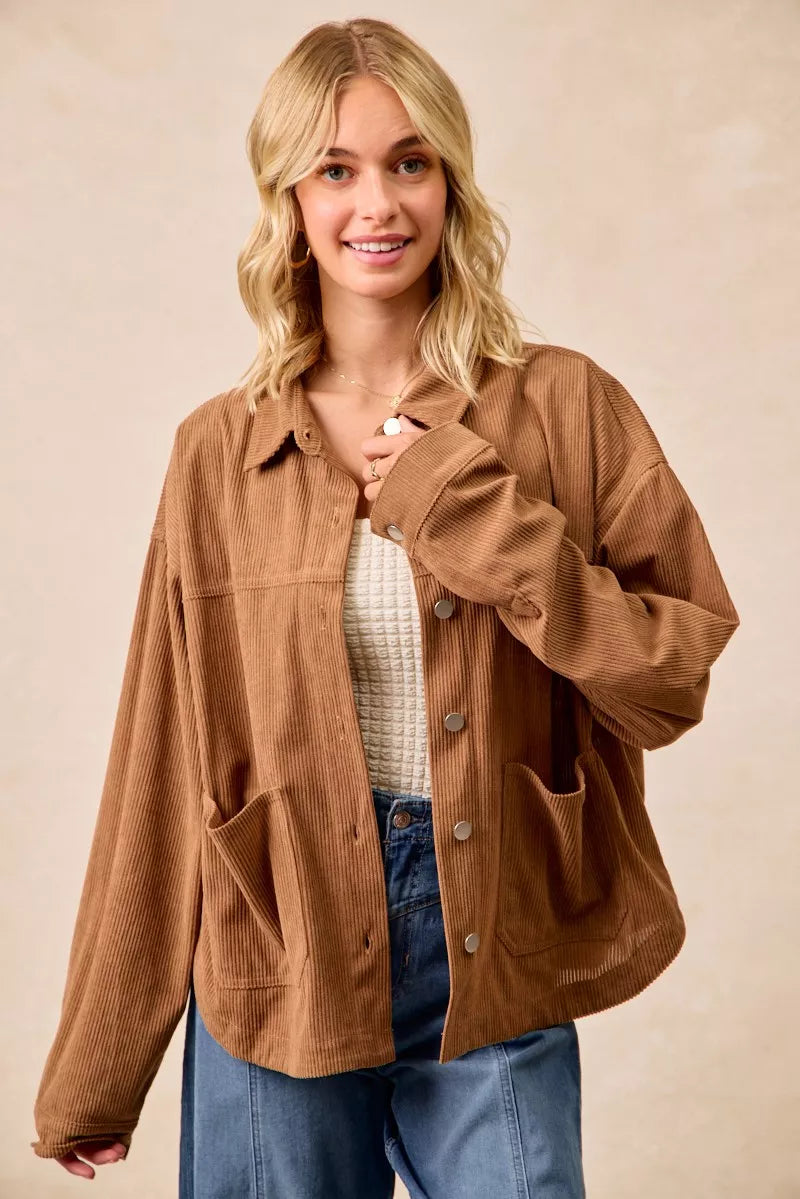 Camel Bibi Corduroy Relaxed Fit Shacket With Back Pleat