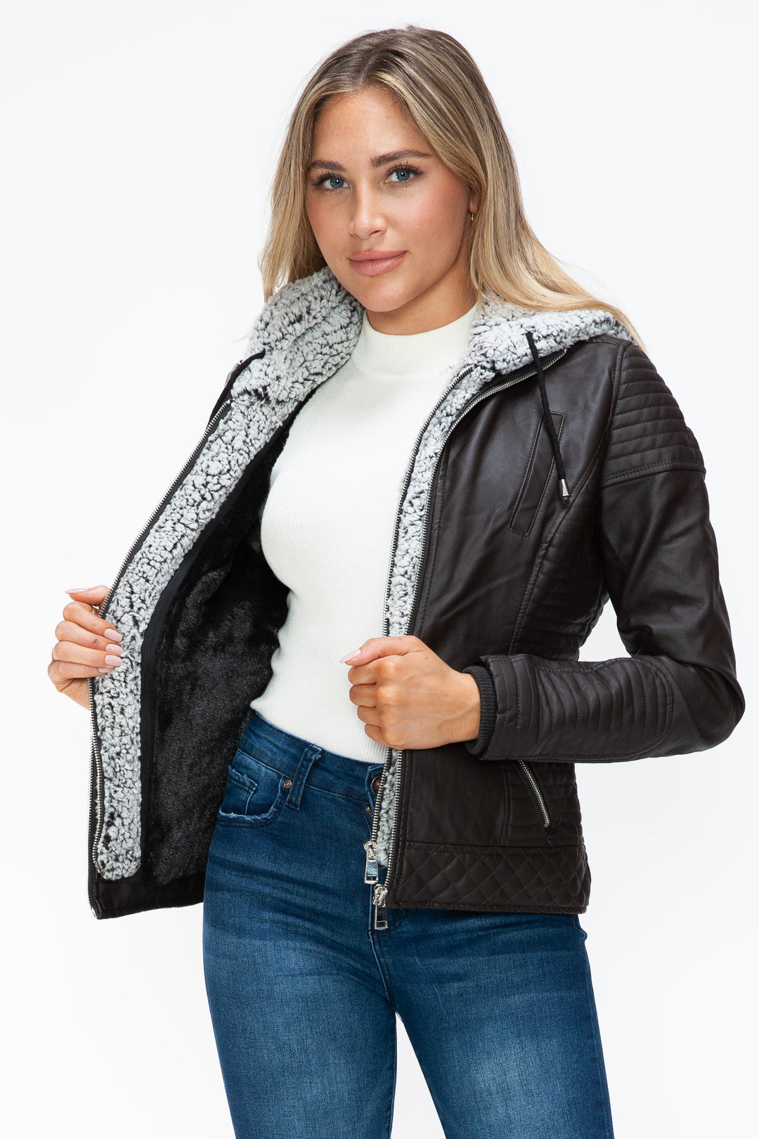 Ymi Faux Layered Double Zipper Jacket With Fuzzy Hood