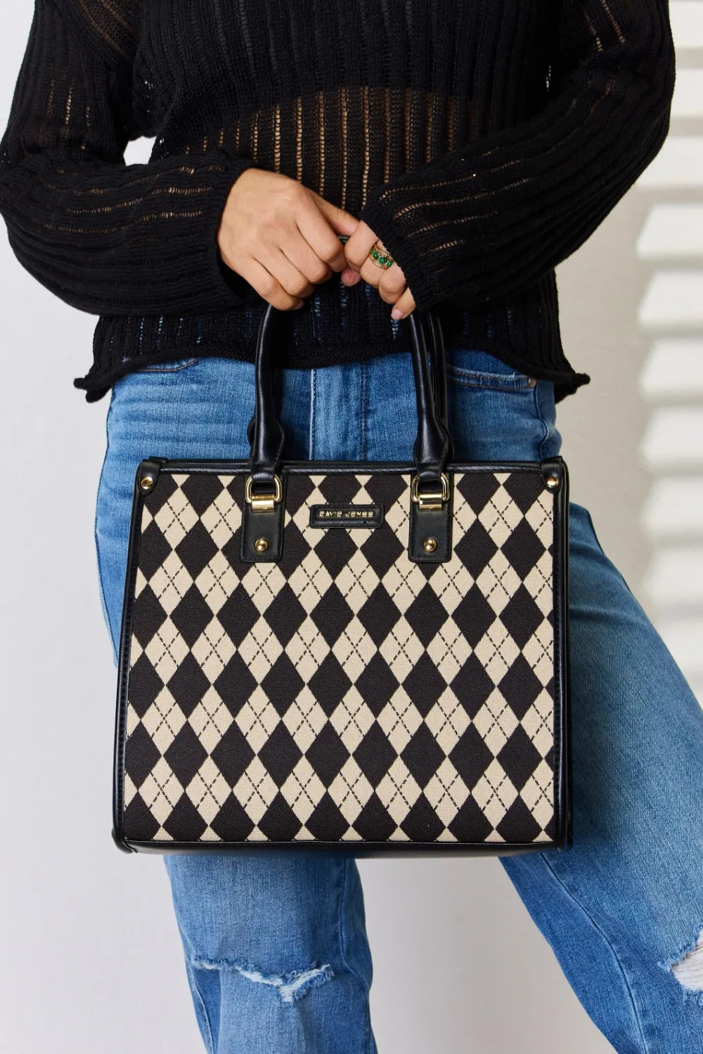 Black David Jones Argyle Pattern Pu Leather Handbag