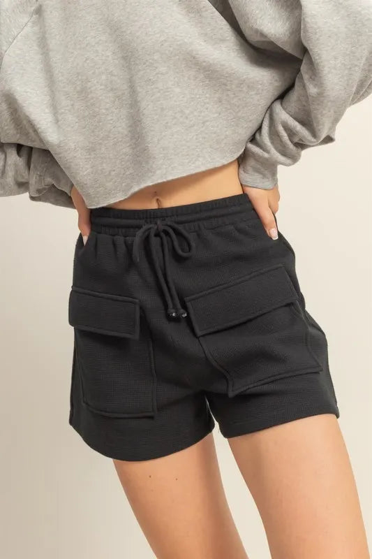 Black Hyfve Drawstring Waffle Knit Front Pocket Shorts 1