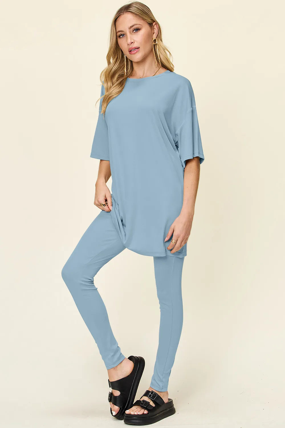 Light Green Double Take Full Size Round Neck Dropped Shoulder T Shirt And Leggings Set