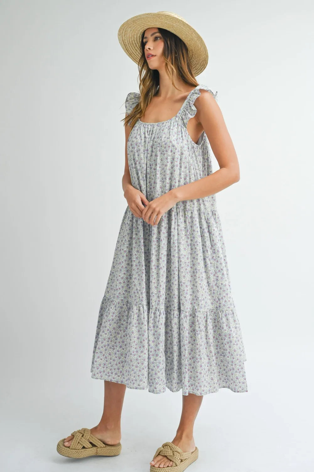 Blue Mable Floral Ruffle Shoulder Tiered Midi Dress