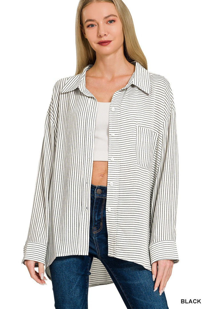 Black Zenana Woven Stripe Button Down Shirt 1