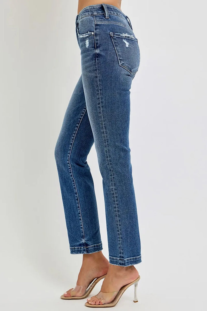 Dark Risen Full Size Tummy Control Elastic Band Mid Rise Straight Jeans Plus Size