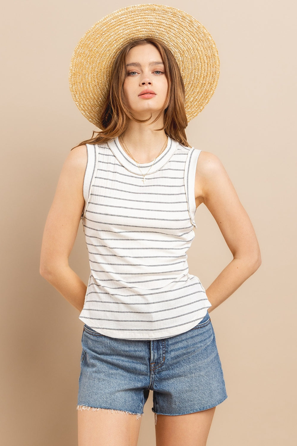 Ivory Ces Femme Striped Round Neck Tank