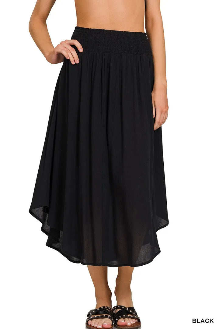 Black Zenana Woven Crinkle Smocked Waist Maxi Skirt W Pockets 1