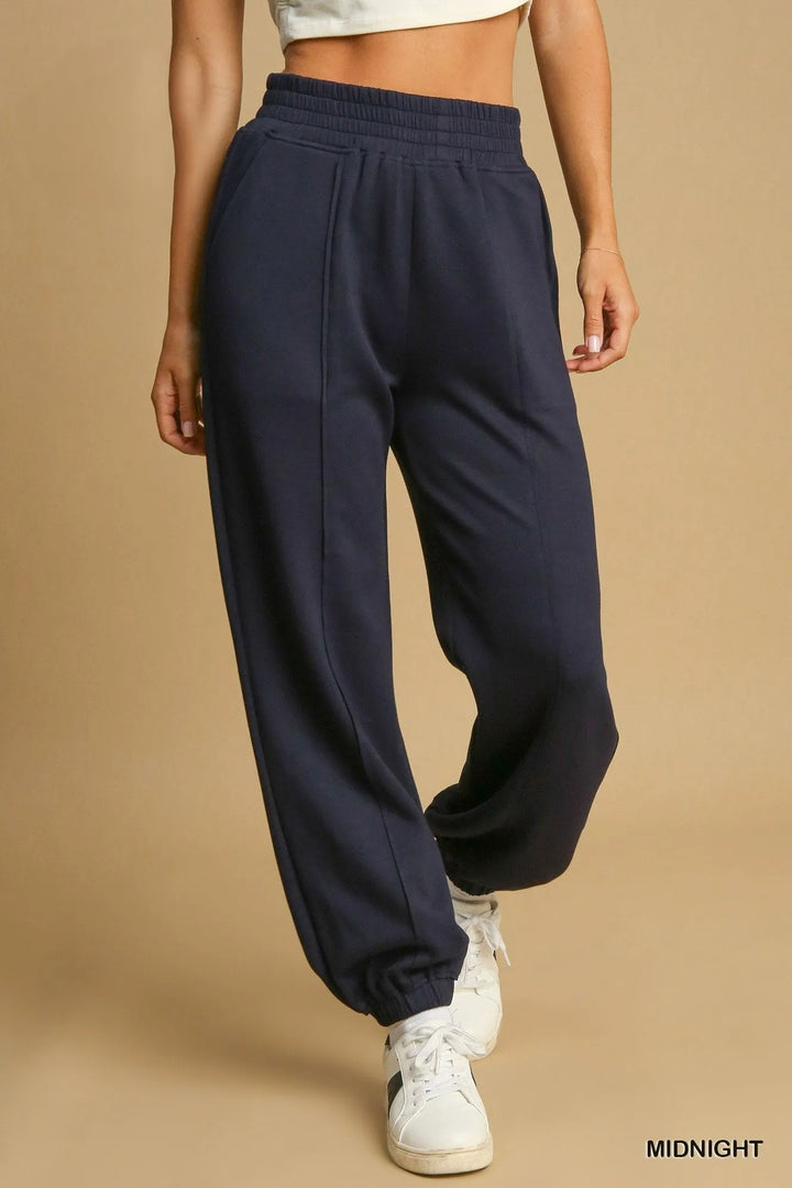 Midnight Umgee Drawstring Jogger Pants With Front Seam Detail