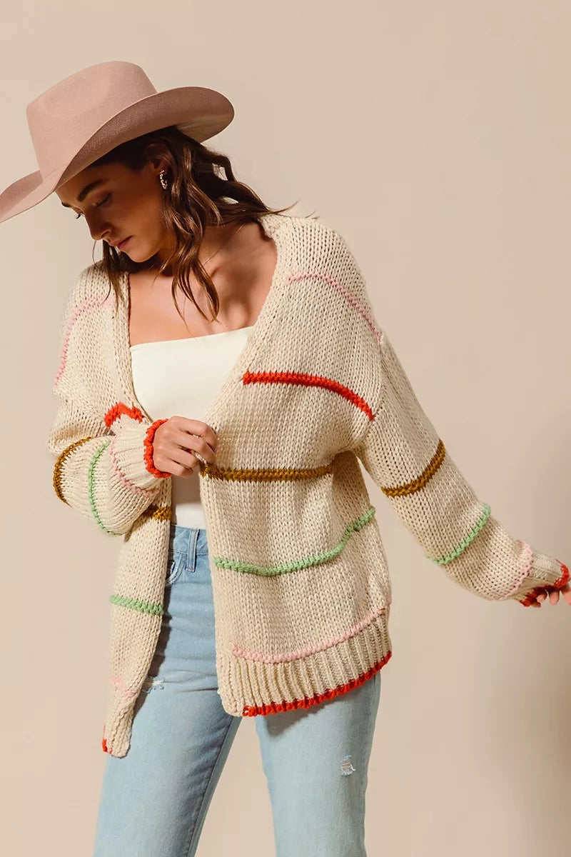 So Me Loose Fit Multi Stripe Open Front Cardigan