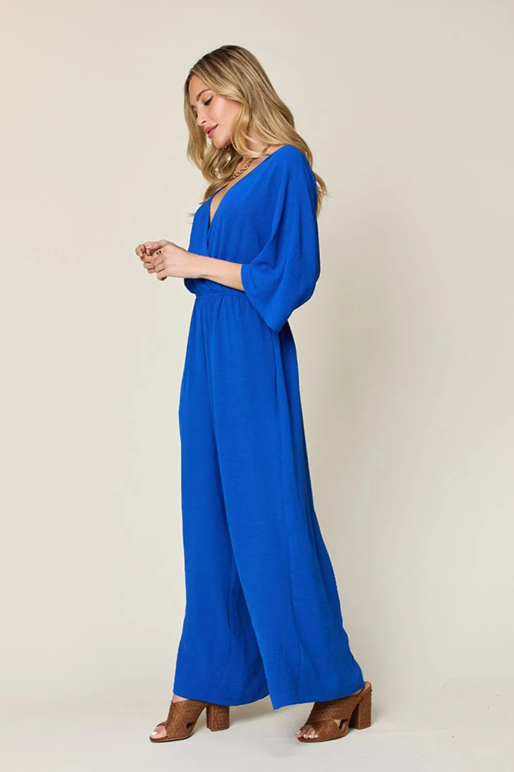Royal  Blue Double Take Full Size Surplice Wide Leg Jumpsuit With Pockets