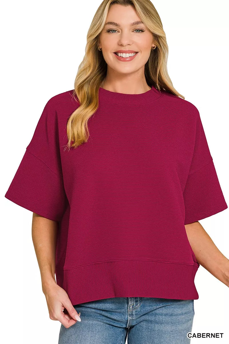 Cabernet Zenana Ribbed Round Neck Waist Banded T Shirt 2