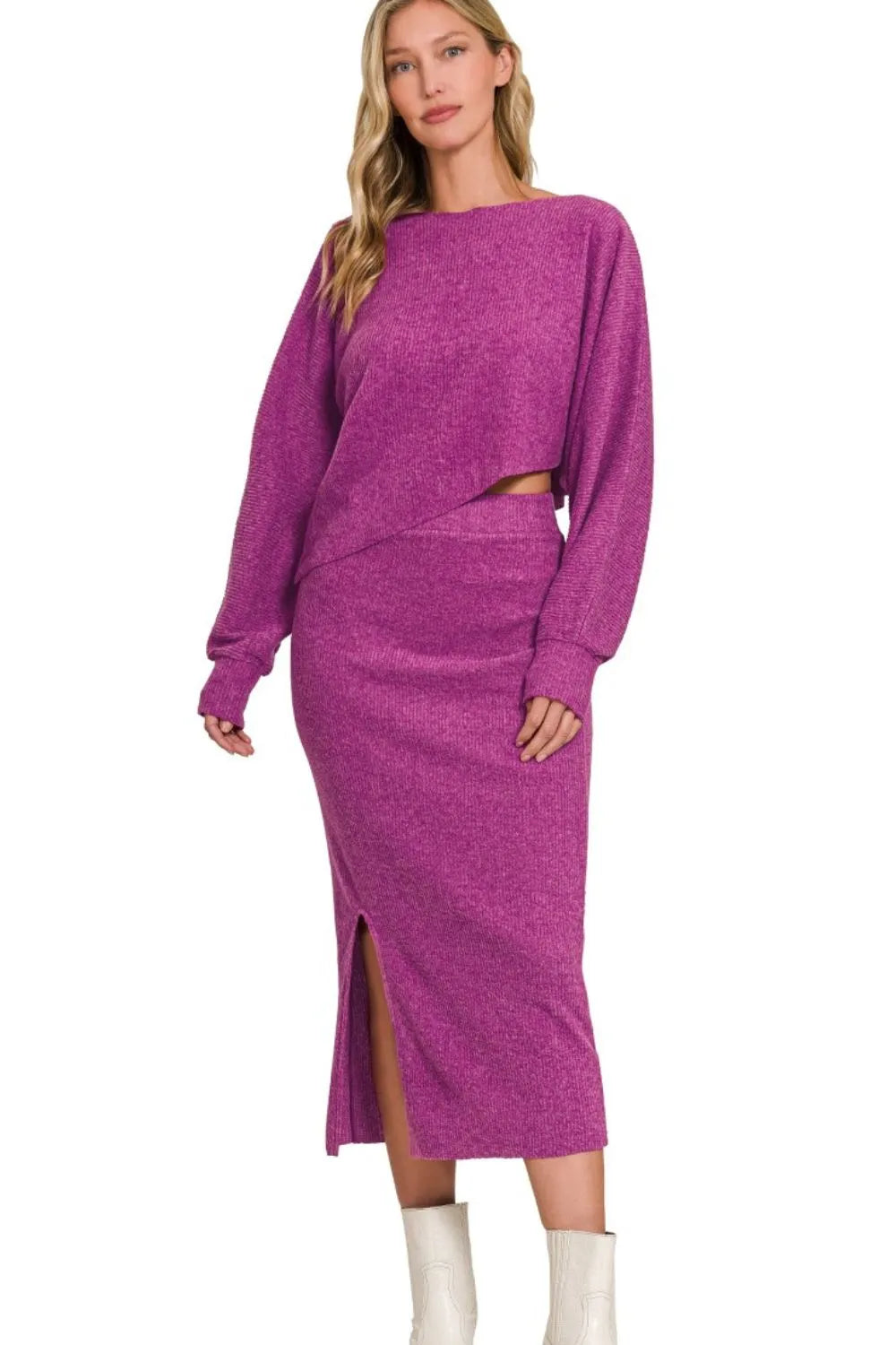 Lt Plum Zenana Ribbed Asymmetric Hem And Sleeve Top Skirt Set