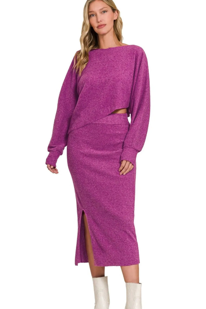 Lt Plum Zenana Ribbed Asymmetric Hem And Sleeve Top Skirt Set