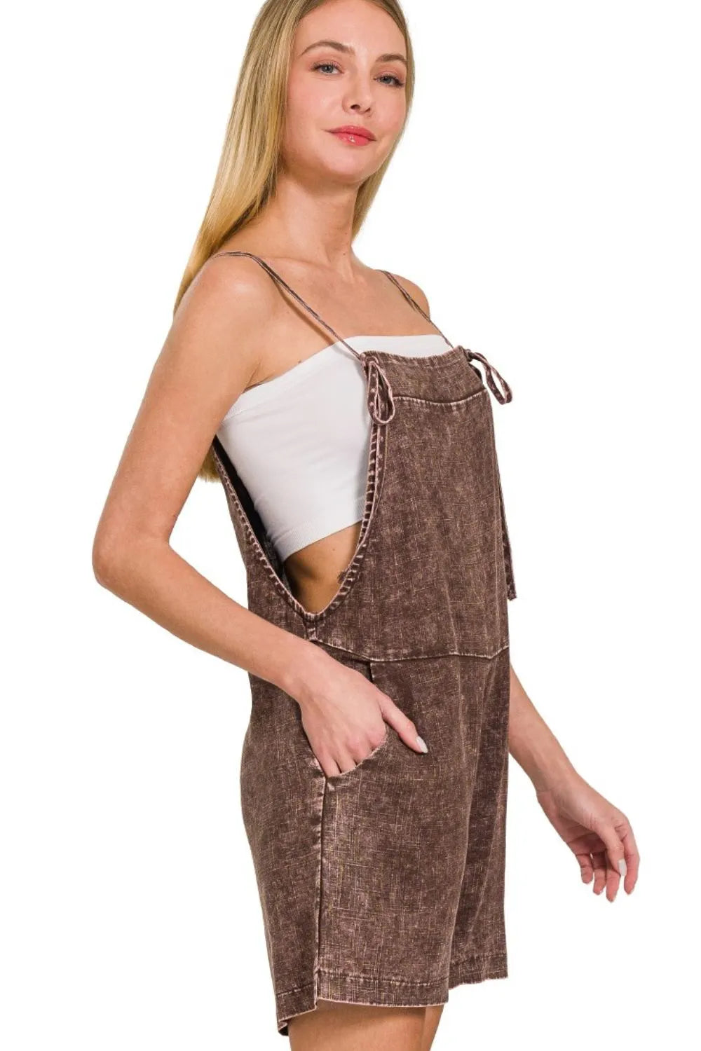 Brown Zenana Washed Linen Knot Strap Rompers 3