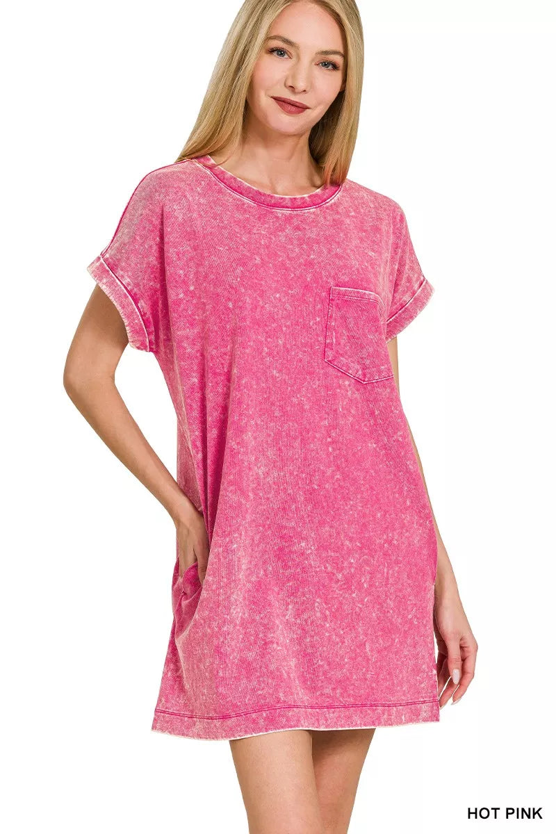 Hot Pink Zenana Premium Cotton Washed T Shirt Dress