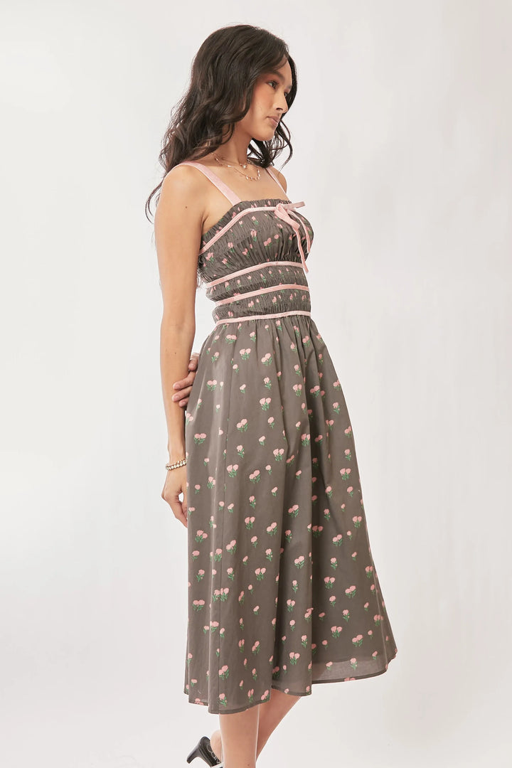 Davi Dani Contrast Velvet Tape Smocking Bodice Midi Dress 1