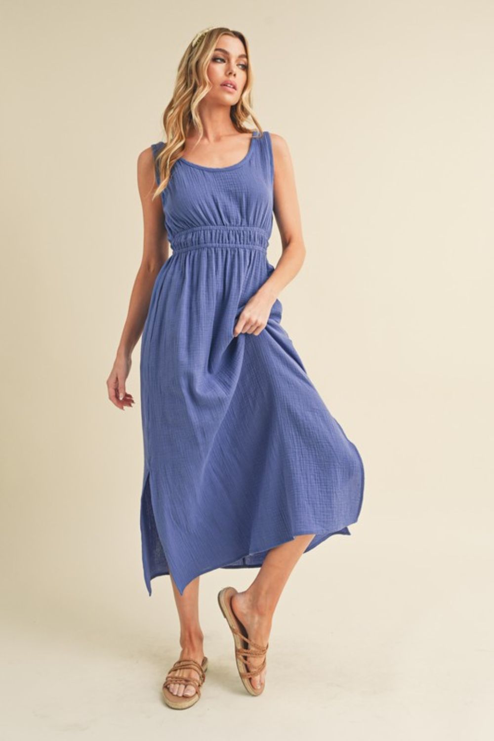 Dusty Blue Aemi Co Side Slit Round Neck Sleeveless Tank Dress 3