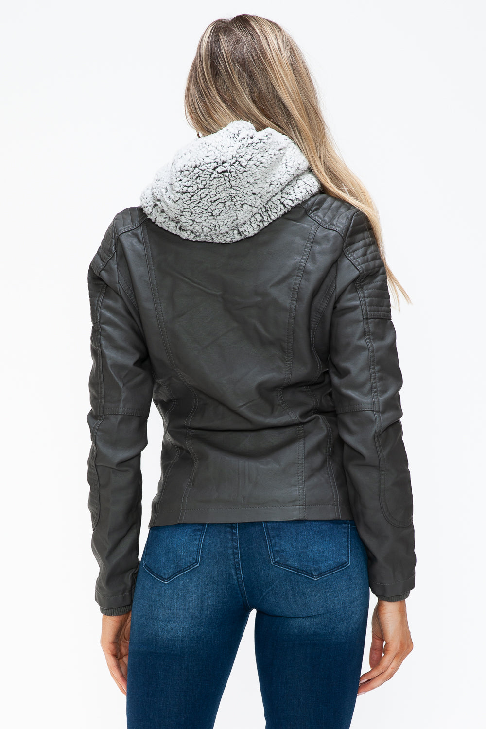 Charcoal Ymi Removable Faux Layered Multi Pocket Jacket With Fuzzy Hood 1
