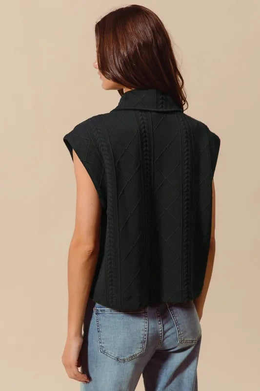 Black So Me Cable Quilting Stitch Button Up Knit Vest
