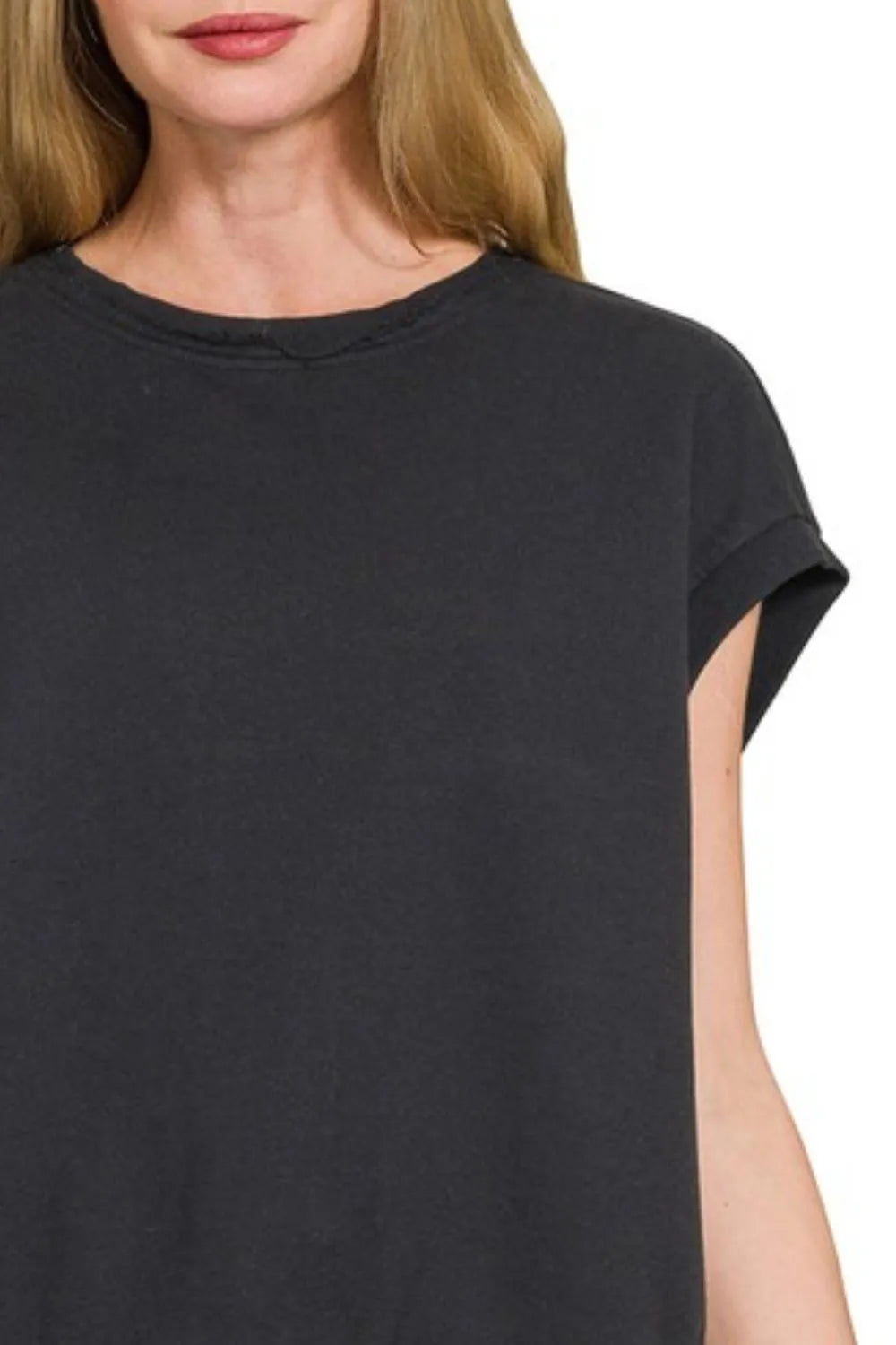 Black Zenana French Terry Round Neck Cap Sleeve T Shirt
