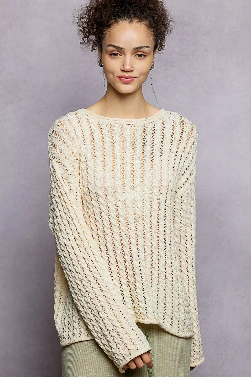 Natural Pol Openwork Round Neck Knit Top With Shiny Detail
