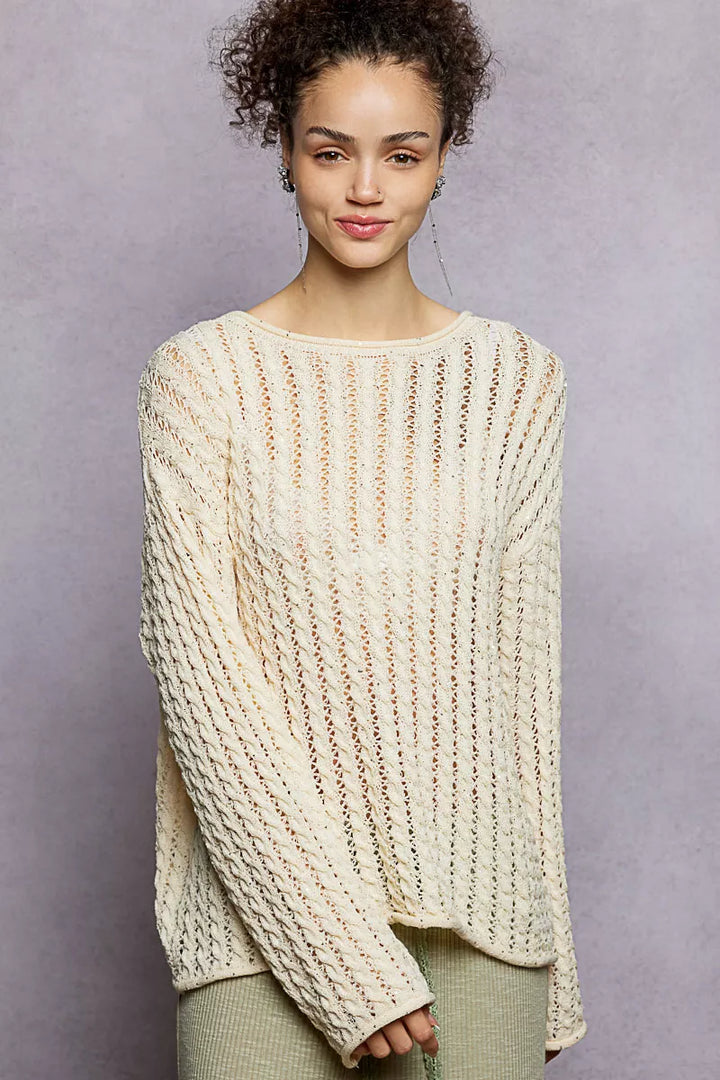 Natural Pol Openwork Round Neck Knit Top With Shiny Detail