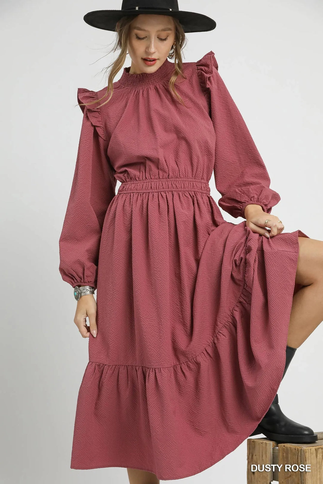 Dusty Rose Umgee Textured Midi Dress With Ruffle Shoulder Detail 1