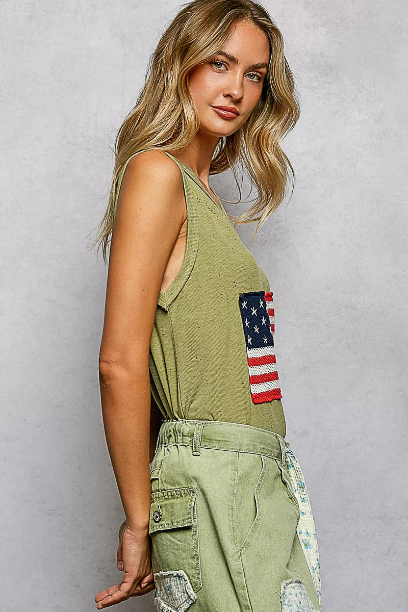 Olive Pol V Neck Ribbed Tank With American Flag Patch And Star Back Patch 3