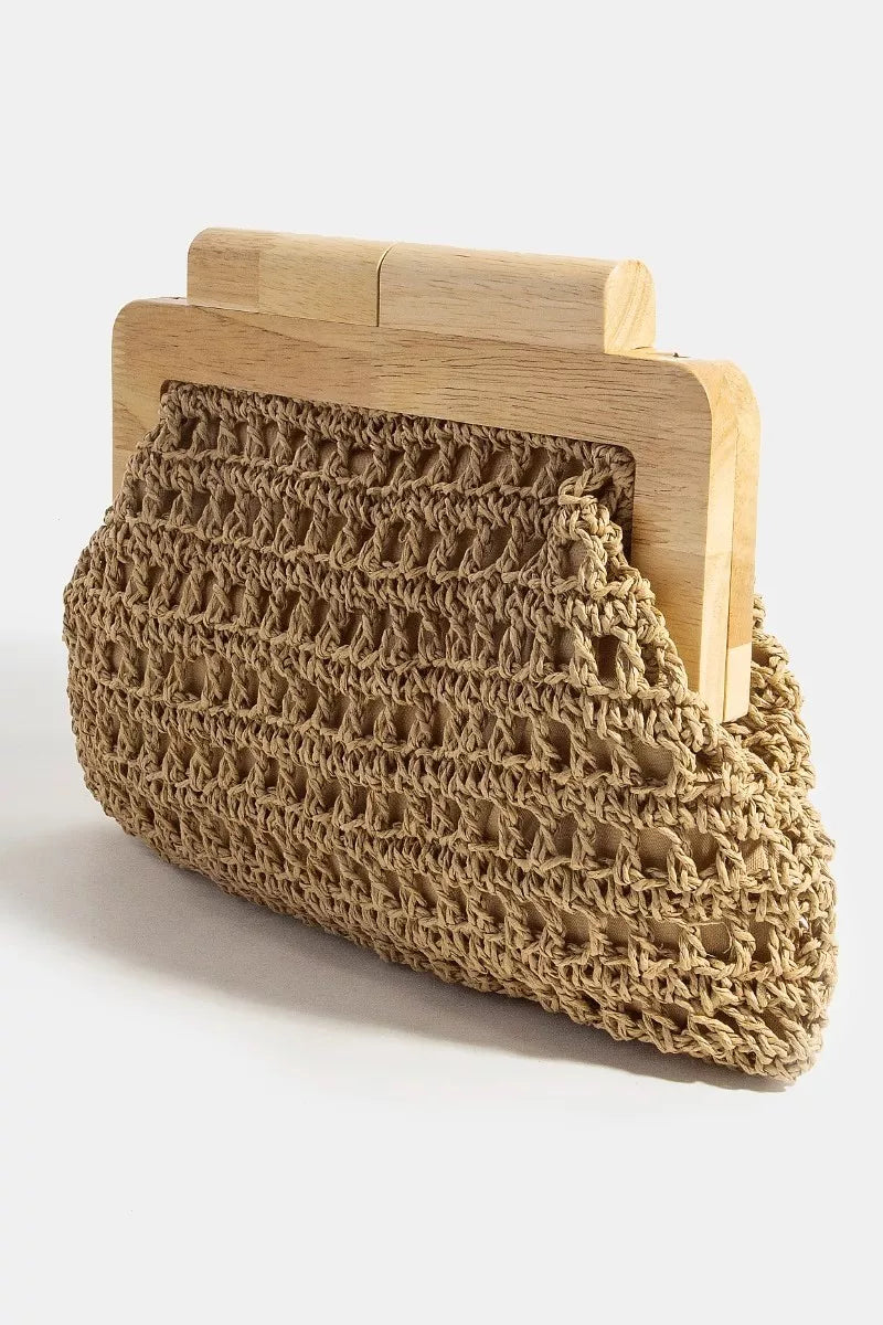 Fame Straw Braided Wooden Top Frame Clutch Bag