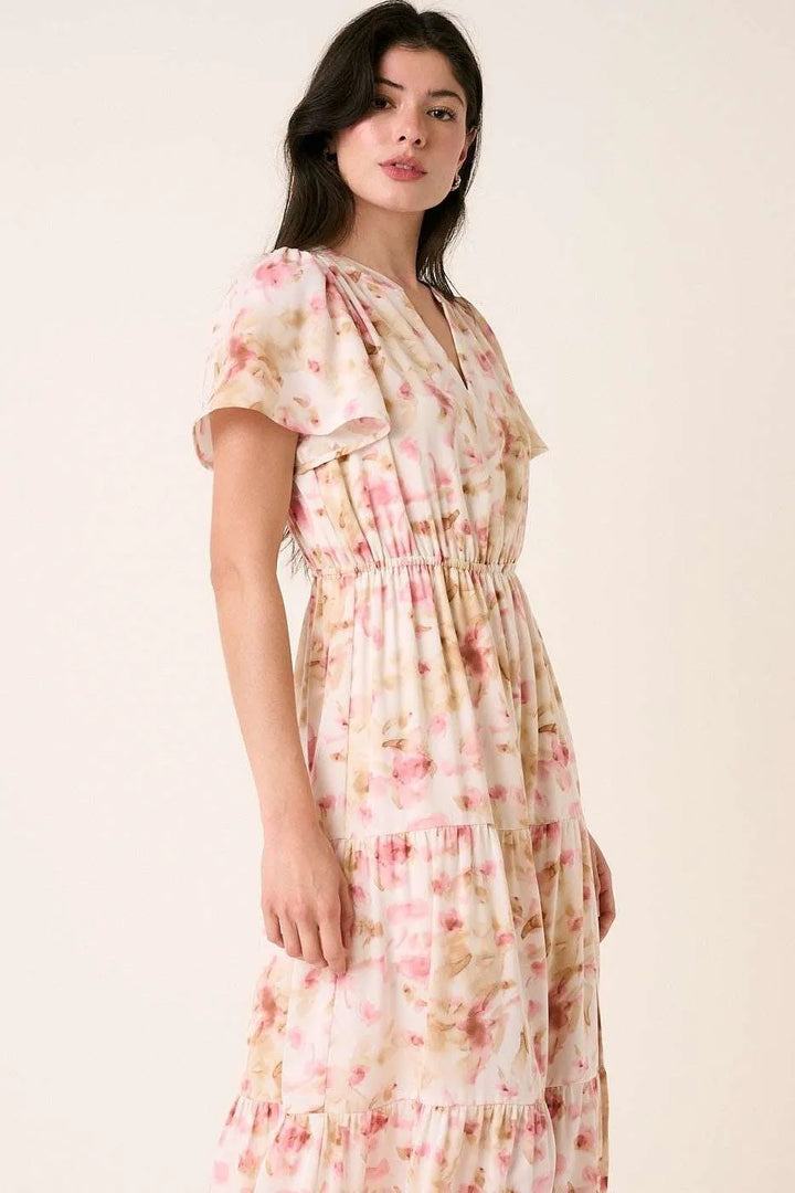 Pink Mittoshop Flower Print Flutter Sleeve V Slit Maxi Dress