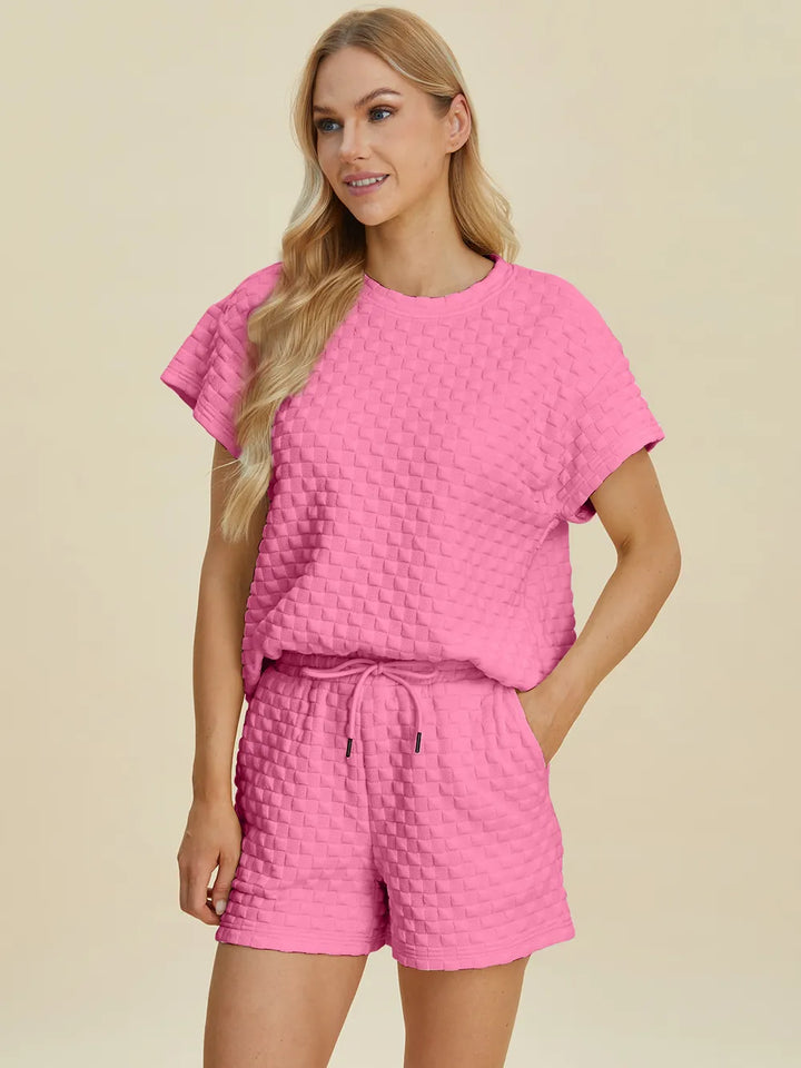 Pink Double Take Full Size Texture T Shirt And Shorts Set