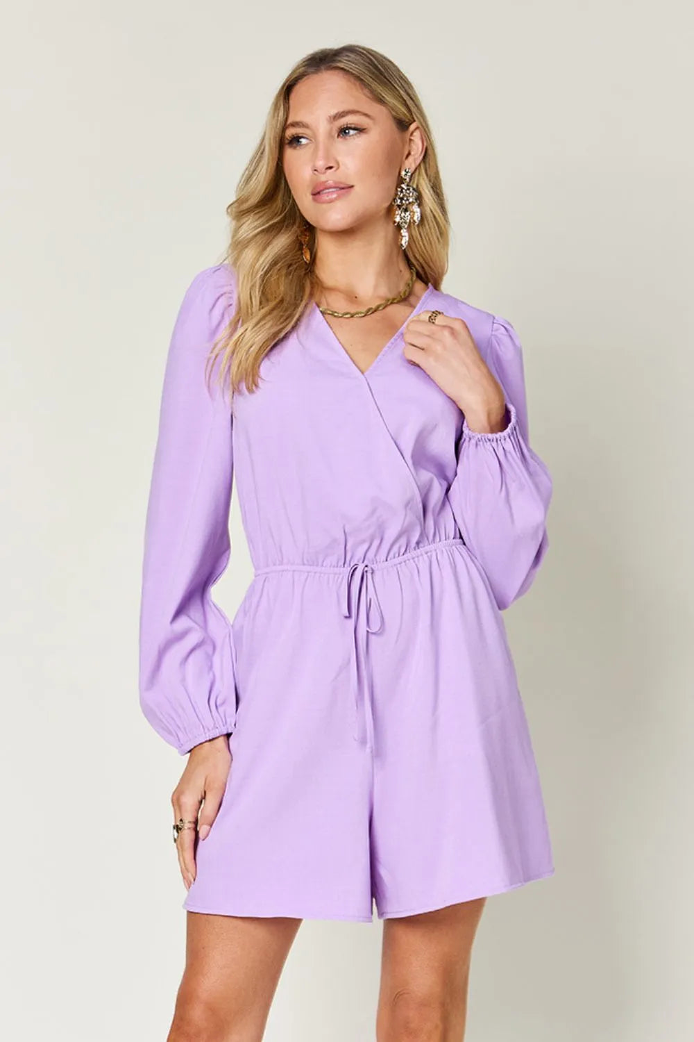 Lavender Double Take Full Size Drawstring Long Sleeve Romper