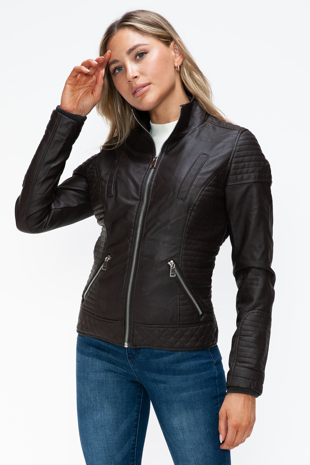 Ymi Faux Layered Double Zipper Jacket With Fuzzy Hood