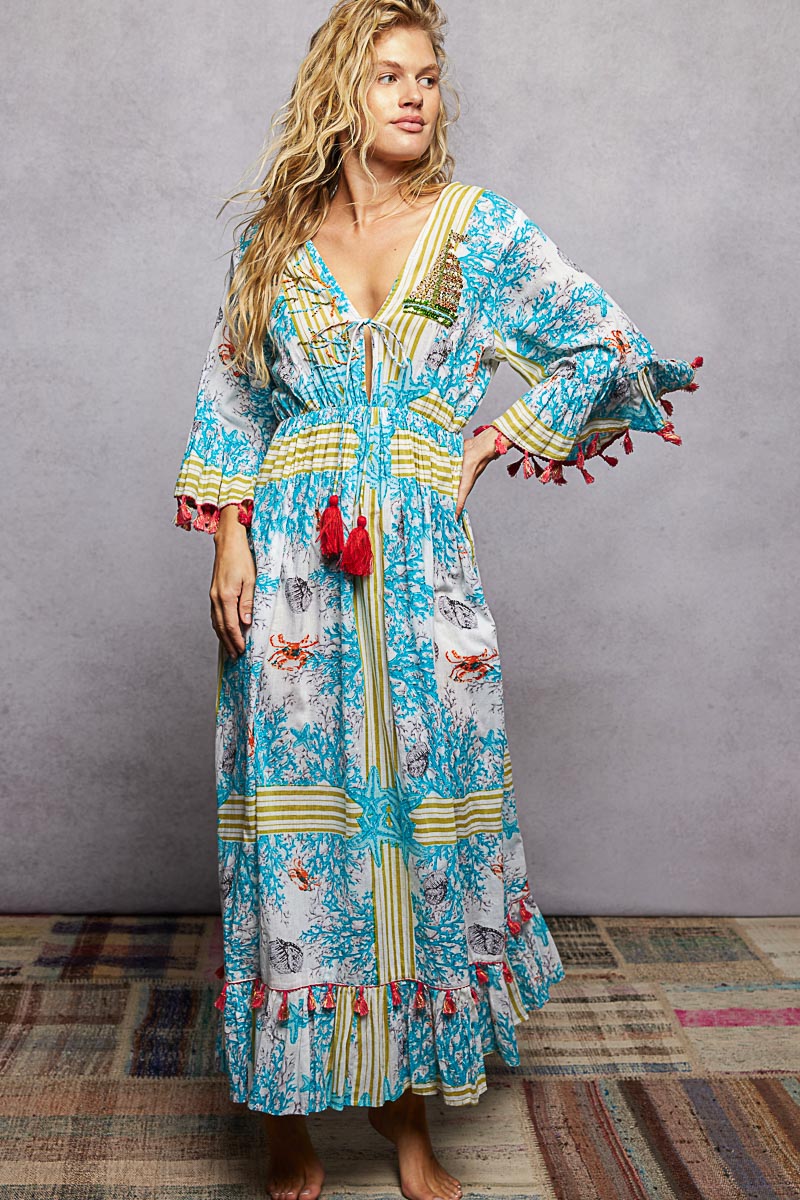 Ivory/Blue Multi Pol Bohemian Print Tassel Trim Maxi Dress